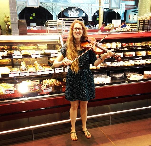 Minna Biggs, Oklahoma city, musician, fiddle, violin, grocery store, bakery, long red hair, Casey & Minna